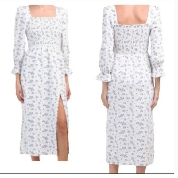 House Of Harlow 1960 Linen Smocked Floral  Blue White Midi Dress Medium - Picture 4 of 8